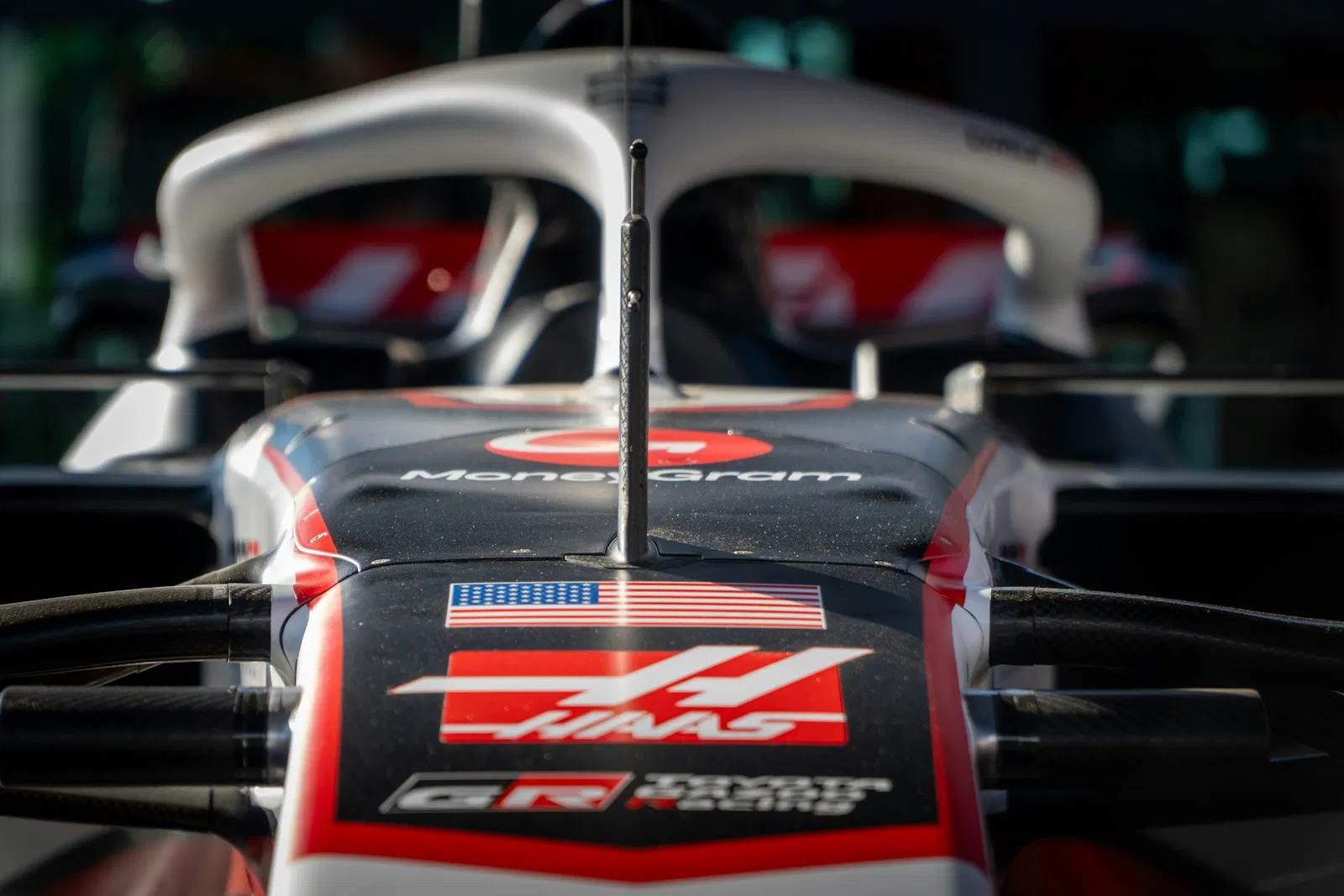 Formula 1 car detail under event lighting